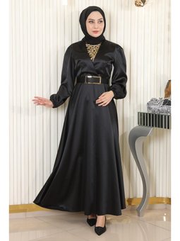 Taş Detaylı Saten Abiye Elbise Siyah