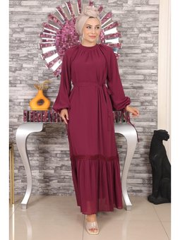 Dantel Detaylı Şifon Mürdüm Elbise