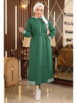 Fermuarlı Kapüşonlu Zümrüt Yeşili Ferace