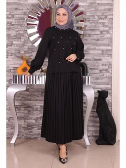 İnci Ve Taş Detaylı Siyah Takım