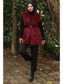 Kemerli Kürklü Bordo Yelek