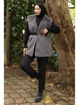 Kemerli Kürklü Gri Yelek