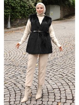Kemerli Kürklü Siyah Yelek