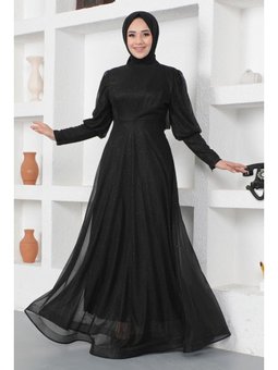 Manşeti Fermuar Detaylı Simli Abiye Elbise Siyah