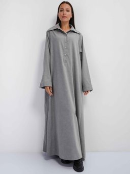 Uzun Dokuma Abaya Gri Gömlek Elbise