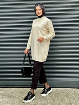 Yeni Sezon Bisiklet Yaka Kendinden Çizgili Triko Tunik