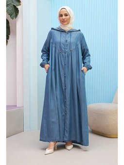 Brit Düğmeli Denim Ferace Koyu Mavi