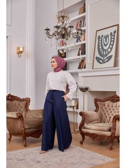 Denim Lastikli Bol Paça Pantolon Lacivert