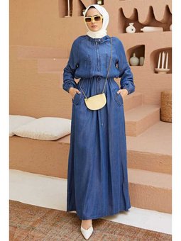 Denim Reglan Kollu Cepli Elbise Koyu Mavi