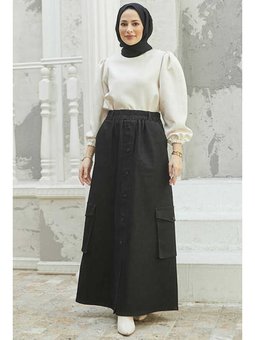 Denim Yan Cepli Etek Siyah