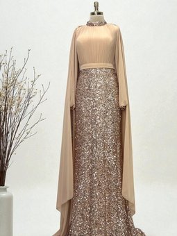 Şifon Pelerin Detaylı Eteği Boncuk İşlemeli Bakır Renk Abiye Elbise