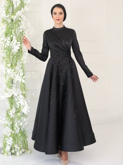 Siyah Dantel İşleme Detaylı Saten Eteği Kabarık Grenli Midiboy Abiye Elbise