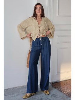 Beli Bağcıklı Rahat Kesim Liyosel Koyu Mavi Pantolon