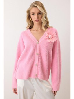 Çiçek Aksesuarlı Soft Triko Pembe Hırka