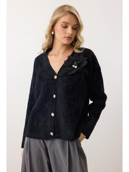 Çiçek Aksesuarlı Soft Triko Siyah Hırka