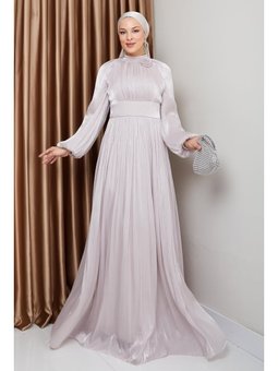 Çiçek Detaylı Pileli Yoryo İpek Abiye Elbise Taş