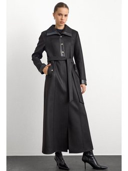 Deri Ve Çıt Aksesuarlı Gabardin Süet Siyah Pardesü