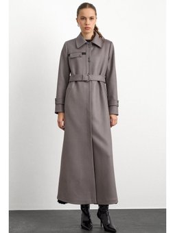 Gömlek Yaka Çıt Ve Deri Detaylı Gabardin Süet Gri Pardesü