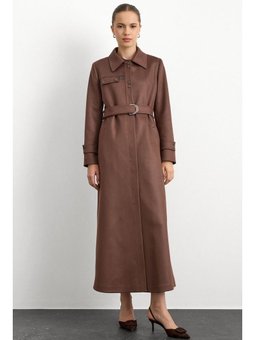 Gömlek Yaka Çıt Ve Deri Detaylı Gabardin Süet Pardesü Kahve