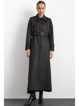 Gömlek Yaka Çıt Ve Deri Detaylı Gabardin Süet Siyah Pardesü