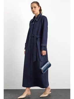 Gömlek Yaka İşleme Detaylı Süet Görünümlü Büyük Beden Lacivert Pardesü