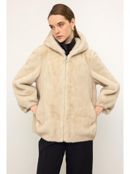 Kapüşonlu Fermuar Kapamalı Kürk Görünümlü Exclusive Bej Ceket