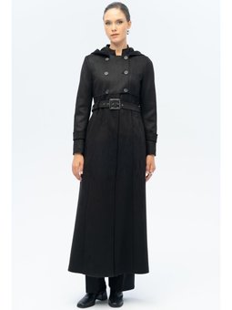 Kapüşonlu Garni Detaylı Süet Görünümlü Siyah Pardesü