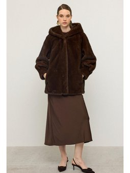 Kapüşonlu Kürk Görünümlü Exclusive Uzun Ceket K. Kahve