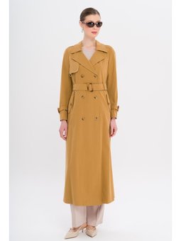 Kruvaze Leopar Desen Astarlı Su İtici Özellikli Uzun Taba Trençkot