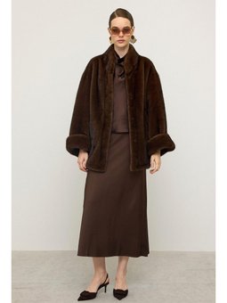 Oversize Kürk Görünümlü Exclusive Uzun Ceket K. Kahve