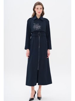 Pelerini Baskı Ve Taş Detaylı Apoletli Spor Lacivert Pardesü