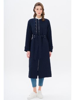 Sıfır Yaka Fermuar Detaylı Kapitone Desenli Hafif Lacivert Kap