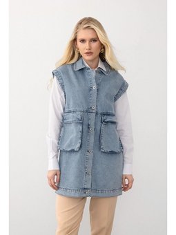 Torba Cepli Düğme Kapamalı Oversize Denim Mavi Yelek
