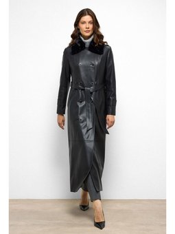 Yakası Çıkabilen Kürklü Kruvaze Deri Görünümlü Uzun Siyah Trençkot