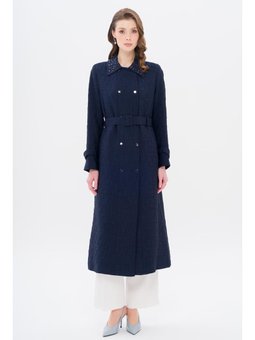 Yakası Taş Detaylı Kapitone Desenli Hafif Lacivert Kap