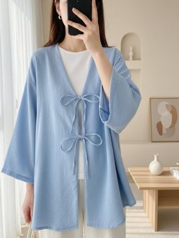 Açık Mavi Önü Bağcıklı Keten Kimono