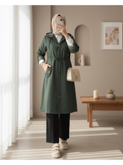 Astarı Çizgili Haki Trençkot