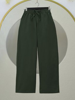 Bağcık Detaylı Bol Paça Beli Lastikli Keten Haki Pantolon