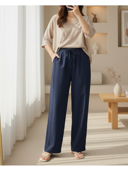 Bağcık Detaylı Bol Paça Beli Lastikli Keten K.laci Pantolon