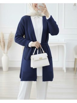 Bağcıklı Prinç Örgü Triko İndigo Hırka