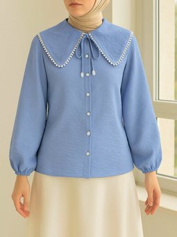 Bebe Yaka Dantelli Kolu Lastikli Mavi Gömlek