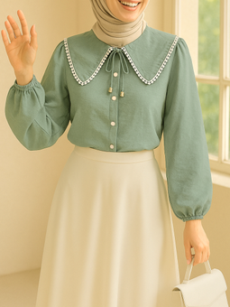 Bebe Yaka Dantelli Kolu Lastikli Mint Gömlek