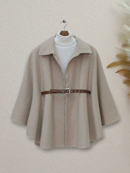 Bej Omuzu Düğmeli Beli Kemerli Kaşe Panço