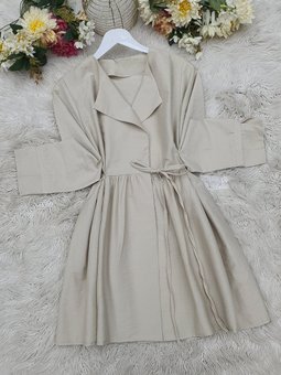 Bej Yan Bağcıklı Kol Manşeti Yırtmaçlı Kimono