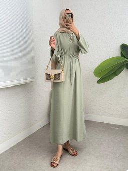 Beli Bağlamalı Arkası Fermuarlı Keten Çağla Y. Elbise