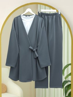 Beli Çift Bağlamalı Scuba Kimono Füme Takım