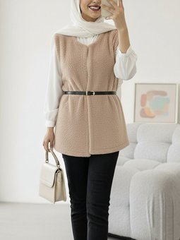 Beli Kemerli Çift Cepli Astarlı Peluş Bej Yelek