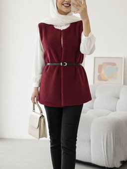 Beli Kemerli Çift Cepli Astarlı Peluş Bordo Yelek