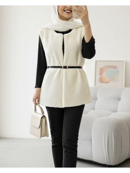 Beli Kemerli Çift Cepli Astarlı Peluş Ekru Yelek