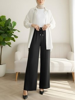 Beli Lastikli Bağcık Detaylı Bol Paça Sofya Keten Siyah Pantolon